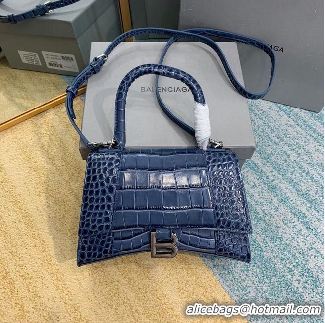 Good Quality Balenciaga HOURGLASS SMALL TOP HANDLE BAG crocodile embossed calfskin B108895E blue