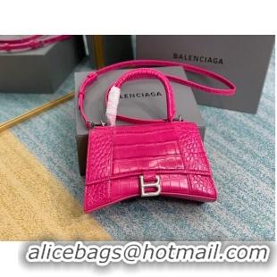 Top Grade Balenciaga HOURGLASS SMALL TOP HANDLE BAG crocodile embossed calfskin B108895E neon pink