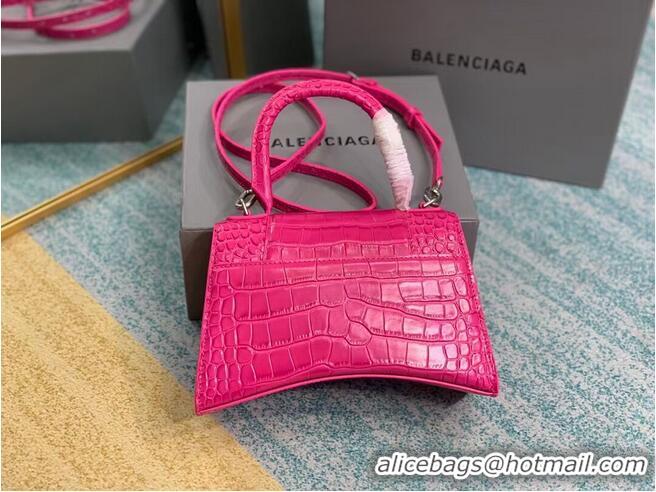 Top Grade Balenciaga HOURGLASS SMALL TOP HANDLE BAG crocodile embossed calfskin B108895E neon pink