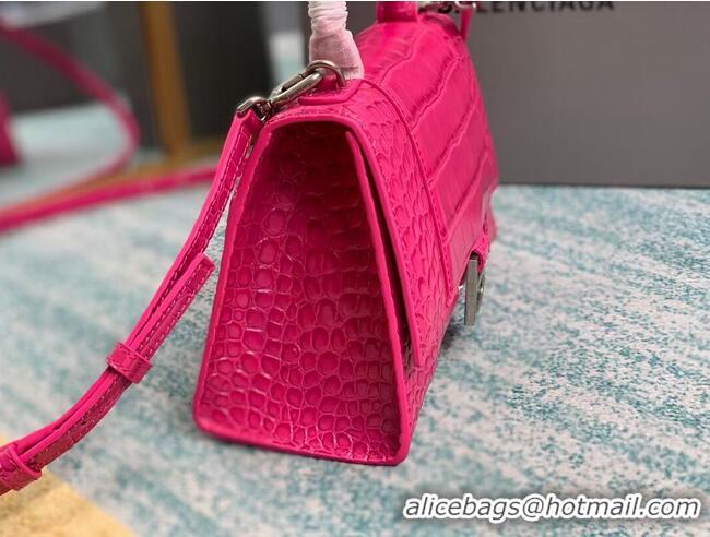 Top Grade Balenciaga HOURGLASS SMALL TOP HANDLE BAG crocodile embossed calfskin B108895E neon pink