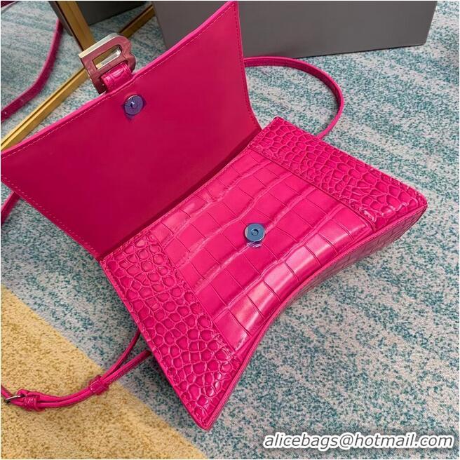 Top Grade Balenciaga HOURGLASS SMALL TOP HANDLE BAG crocodile embossed calfskin B108895E neon pink