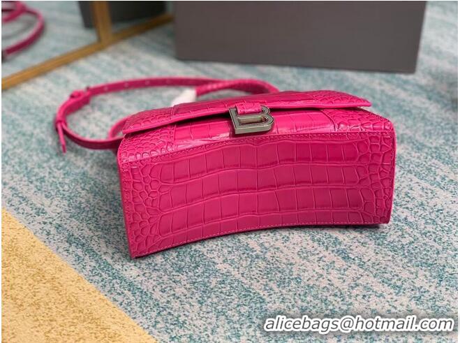 Top Grade Balenciaga HOURGLASS SMALL TOP HANDLE BAG crocodile embossed calfskin B108895E neon pink