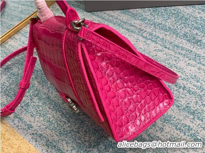 Top Grade Balenciaga HOURGLASS SMALL TOP HANDLE BAG crocodile embossed calfskin B108895E neon pink