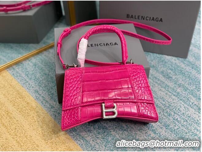 Top Grade Balenciaga HOURGLASS SMALL TOP HANDLE BAG crocodile embossed calfskin B108895E neon pink