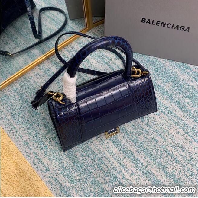 Best Quality Balenciaga HOURGLASS SMALL TOP HANDLE BAG crocodile embossed calfskin B108895E dark blue