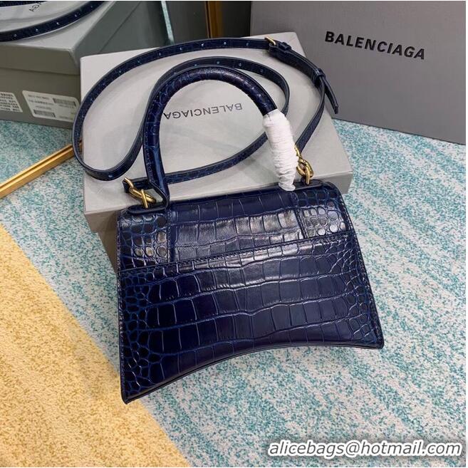 Best Quality Balenciaga HOURGLASS SMALL TOP HANDLE BAG crocodile embossed calfskin B108895E dark blue