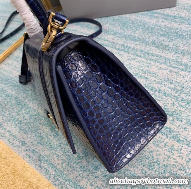 Best Quality Balenciaga HOURGLASS SMALL TOP HANDLE BAG crocodile embossed calfskin B108895E dark blue