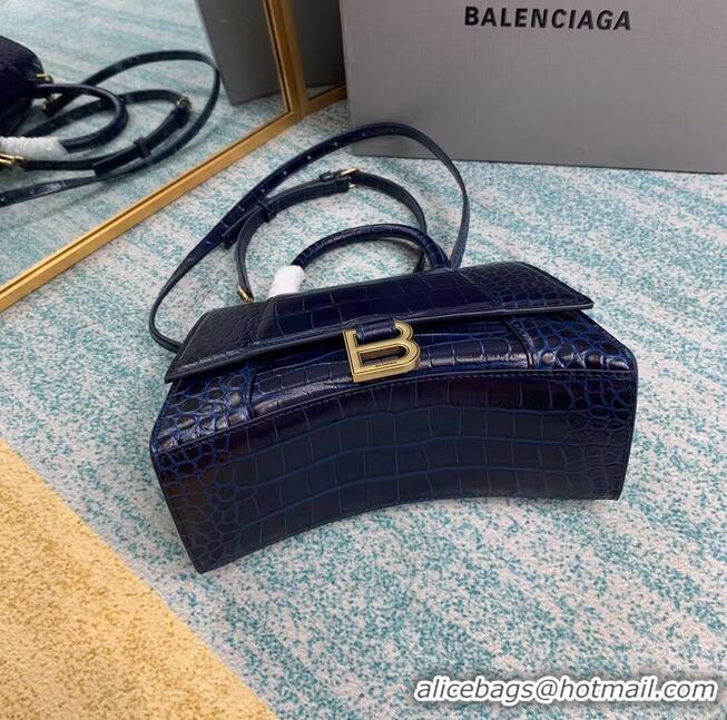 Best Quality Balenciaga HOURGLASS SMALL TOP HANDLE BAG crocodile embossed calfskin B108895E dark blue