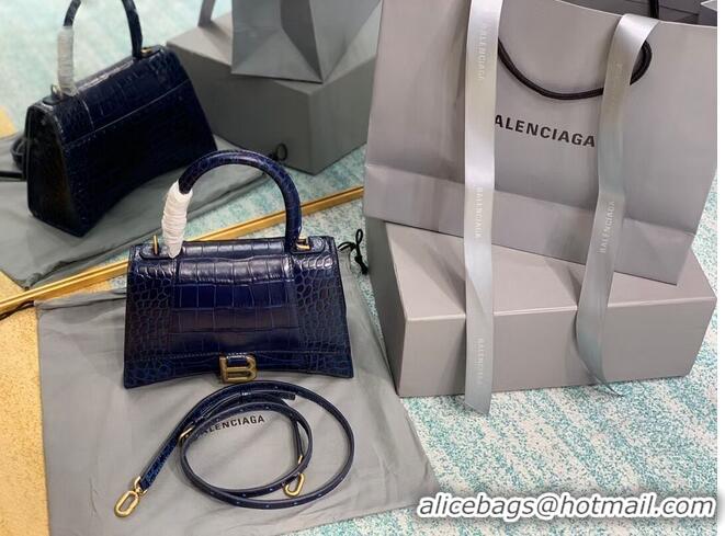 Best Quality Balenciaga HOURGLASS SMALL TOP HANDLE BAG crocodile embossed calfskin B108895E dark blue