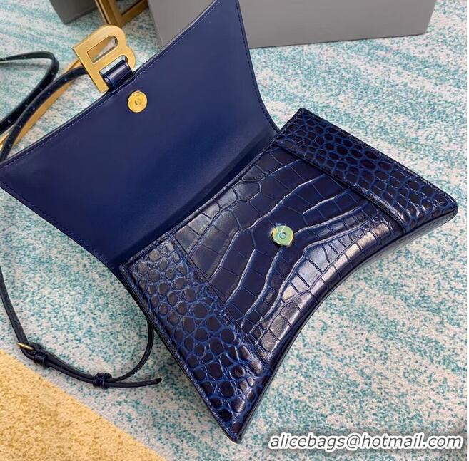 Best Quality Balenciaga HOURGLASS SMALL TOP HANDLE BAG crocodile embossed calfskin B108895E dark blue