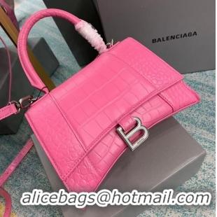 Famous Brand Balenciaga HOURGLASS SMALL TOP HANDLE BAG crocodile embossed calfskin B108895E pink