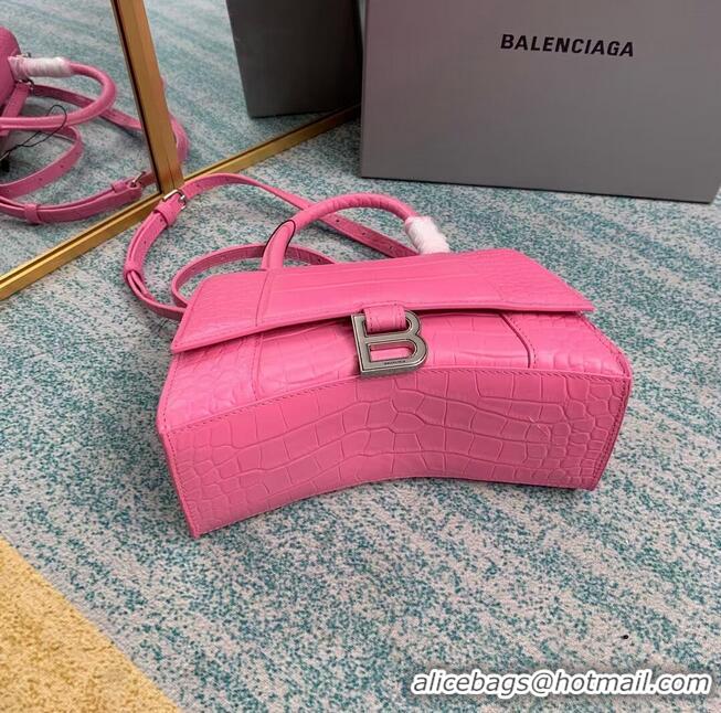 Famous Brand Balenciaga HOURGLASS SMALL TOP HANDLE BAG crocodile embossed calfskin B108895E pink