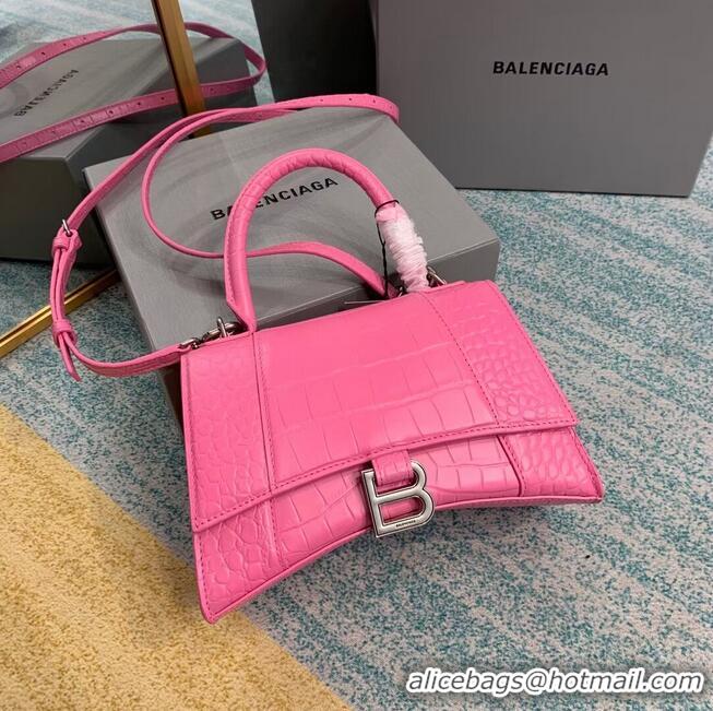 Famous Brand Balenciaga HOURGLASS SMALL TOP HANDLE BAG crocodile embossed calfskin B108895E pink