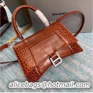 Top Quality Balenciaga HOURGLASS SMALL TOP HANDLE BAG crocodile embossed calfskin B108895E brown