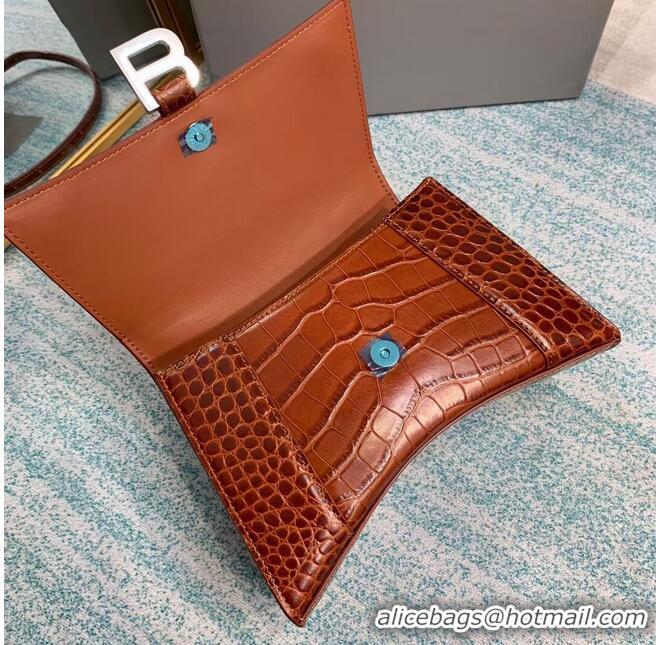 Top Quality Balenciaga HOURGLASS SMALL TOP HANDLE BAG crocodile embossed calfskin B108895E brown