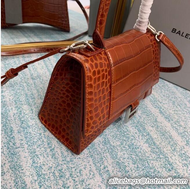 Top Quality Balenciaga HOURGLASS SMALL TOP HANDLE BAG crocodile embossed calfskin B108895E brown