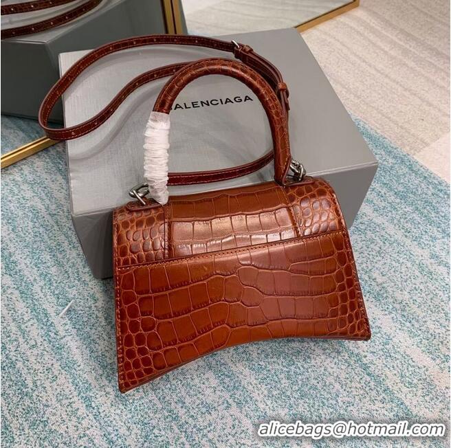 Top Quality Balenciaga HOURGLASS SMALL TOP HANDLE BAG crocodile embossed calfskin B108895E brown