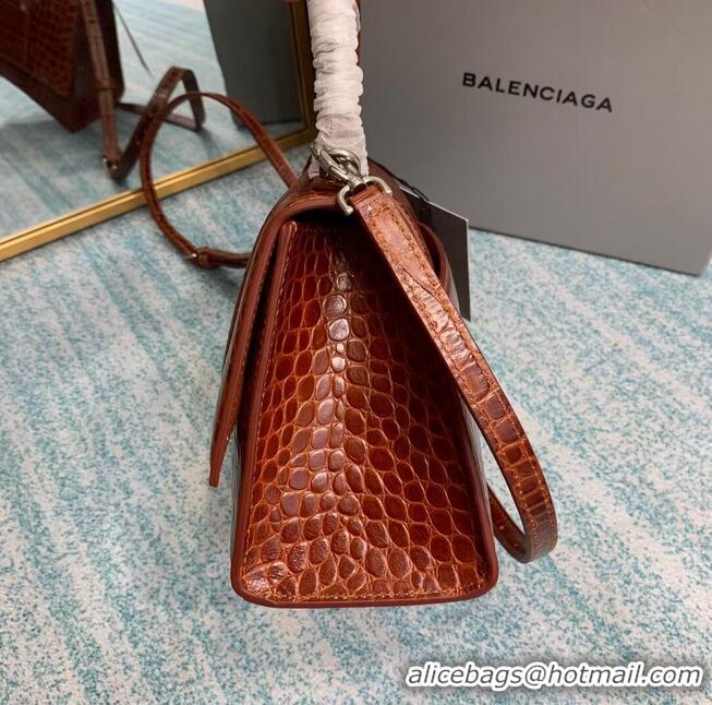 Top Quality Balenciaga HOURGLASS SMALL TOP HANDLE BAG crocodile embossed calfskin B108895E brown