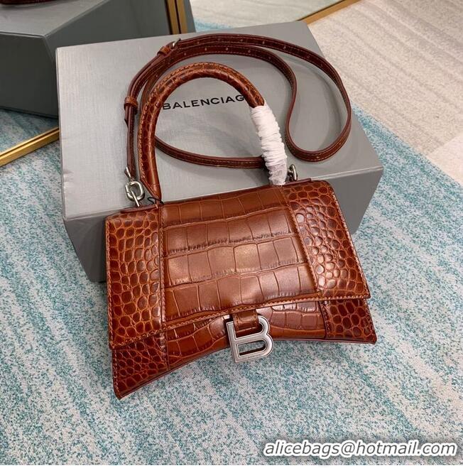 Top Quality Balenciaga HOURGLASS SMALL TOP HANDLE BAG crocodile embossed calfskin B108895E brown