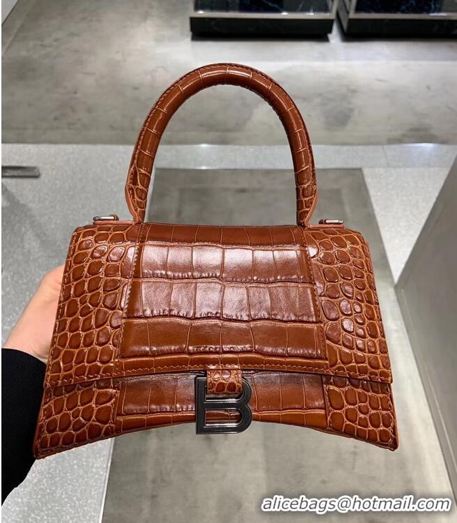 Top Quality Balenciaga HOURGLASS SMALL TOP HANDLE BAG crocodile embossed calfskin B108895E brown