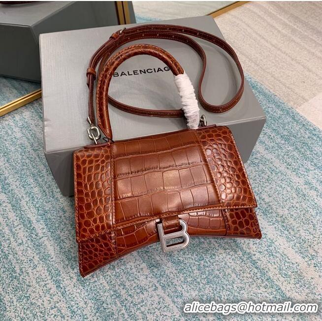 Top Quality Balenciaga HOURGLASS SMALL TOP HANDLE BAG crocodile embossed calfskin B108895E brown