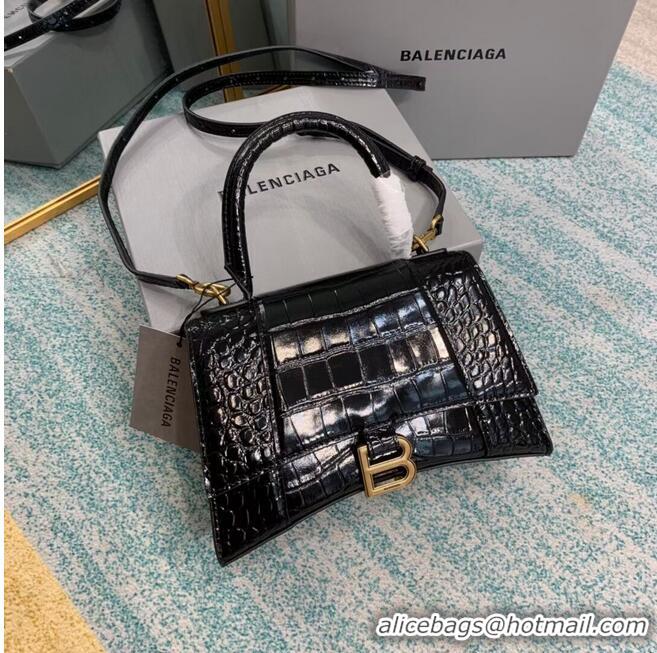 Buy Fashionable Balenciaga HOURGLASS SMALL TOP HANDLE BAG crocodile embossed calfskin B108895E black