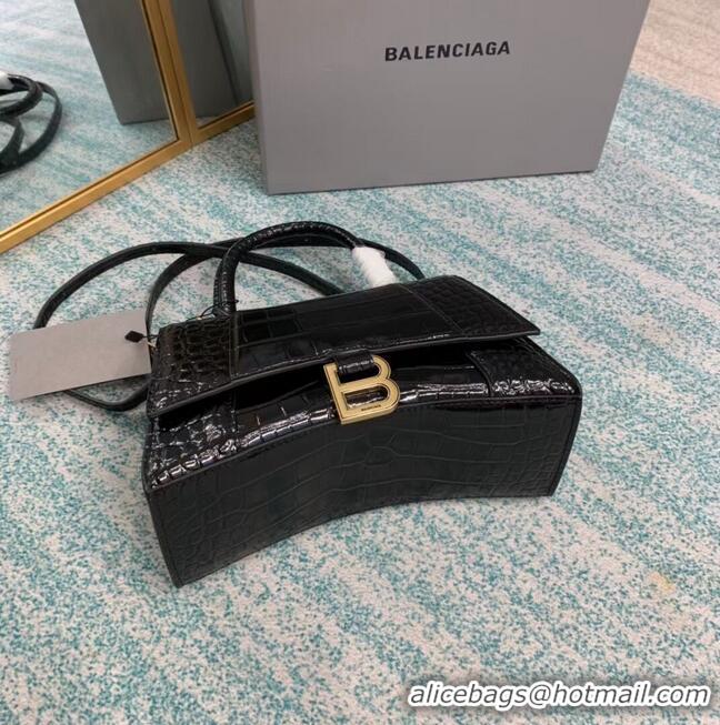 Buy Fashionable Balenciaga HOURGLASS SMALL TOP HANDLE BAG crocodile embossed calfskin B108895E black