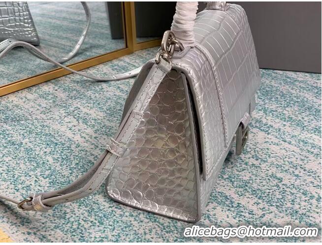 Pretty Style Balenciaga HOURGLASS SMALL TOP HANDLE BAG crocodile embossed calfskin B108895E silver