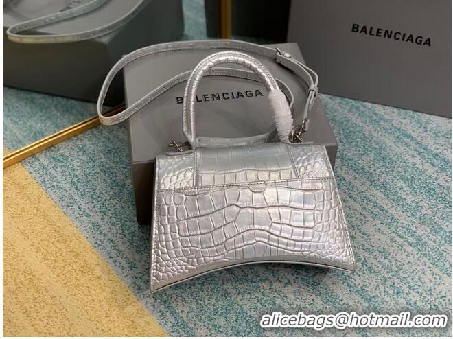 Pretty Style Balenciaga HOURGLASS SMALL TOP HANDLE BAG crocodile embossed calfskin B108895E silver