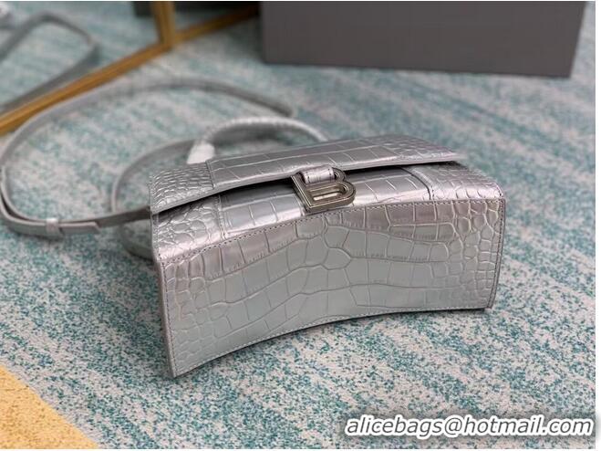 Pretty Style Balenciaga HOURGLASS SMALL TOP HANDLE BAG crocodile embossed calfskin B108895E silver