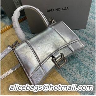 Luxury Cheap Balenciaga Hourglass XS Top Handle Bag shiny box calfskin 28331 silver