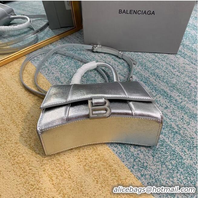 Luxury Cheap Balenciaga Hourglass XS Top Handle Bag shiny box calfskin 28331 silver