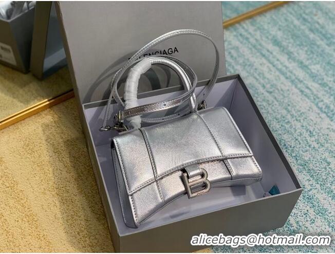 Luxury Cheap Balenciaga Hourglass XS Top Handle Bag shiny box calfskin 28331 silver