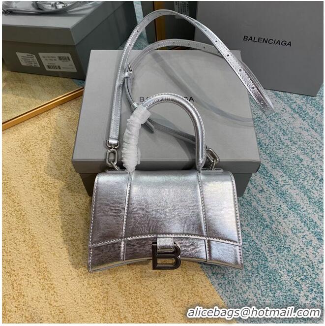 Luxury Cheap Balenciaga Hourglass XS Top Handle Bag shiny box calfskin 28331 silver