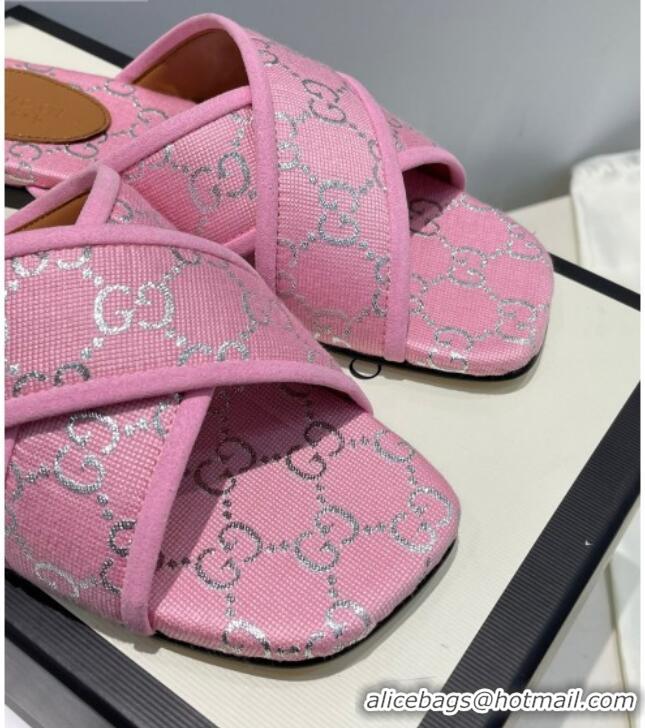 Most Popular Gucci Silver Lamé Canvas Cross Slide Sandals 012643 Pink