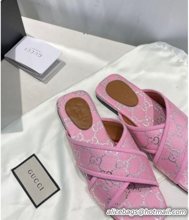 Most Popular Gucci Silver Lamé Canvas Cross Slide Sandals 012643 Pink