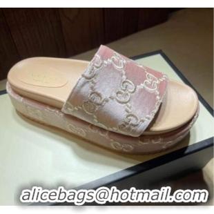 Top Grade Gucci Velvet GG Platform Slide Sandal 573018 Light Pink