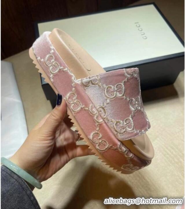 Top Grade Gucci Velvet GG Platform Slide Sandal 573018 Light Pink