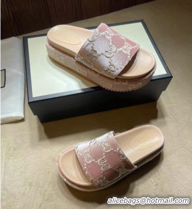 Top Grade Gucci Velvet GG Platform Slide Sandal 573018 Light Pink