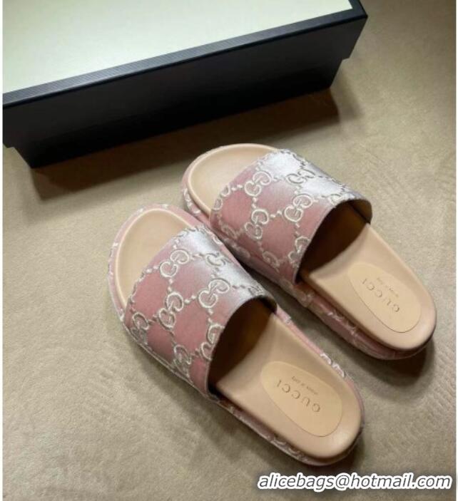 Top Grade Gucci Velvet GG Platform Slide Sandal 573018 Light Pink