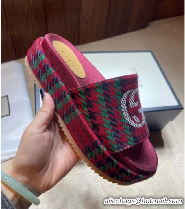 Good Looking Gucci Houndstooth and Stripe Wool Platform Slide Sandal 573018 Green/Red 2021