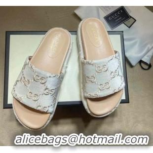 Good Quality Gucci Velvet GG Platform Slide Sandal 573018 Silver/Nude 2021