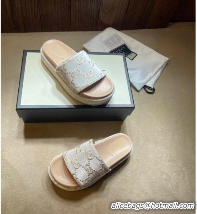 Good Quality Gucci Velvet GG Platform Slide Sandal 573018 Silver/Nude 2021