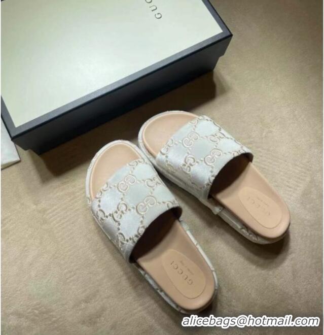 Good Quality Gucci Velvet GG Platform Slide Sandal 573018 Silver/Nude 2021