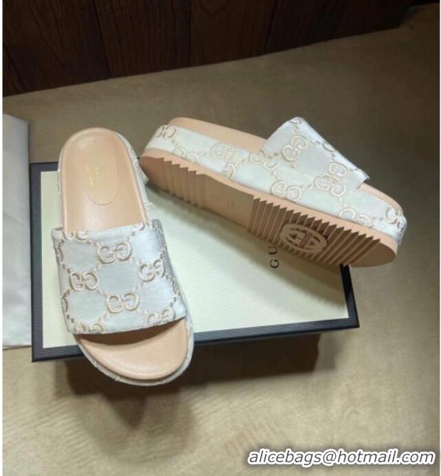 Good Quality Gucci Velvet GG Platform Slide Sandal 573018 Silver/Nude 2021