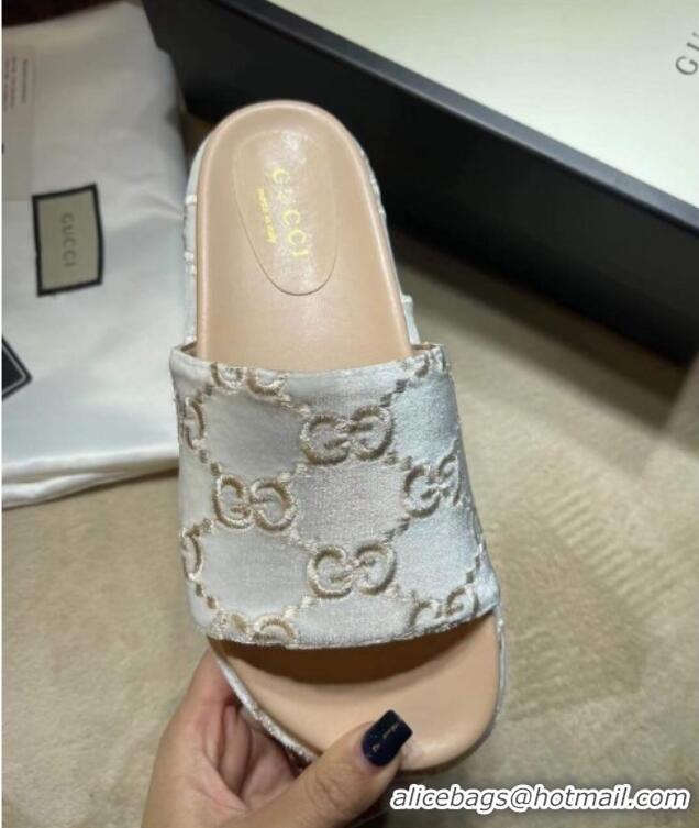 Good Quality Gucci Velvet GG Platform Slide Sandal 573018 Silver/Nude 2021