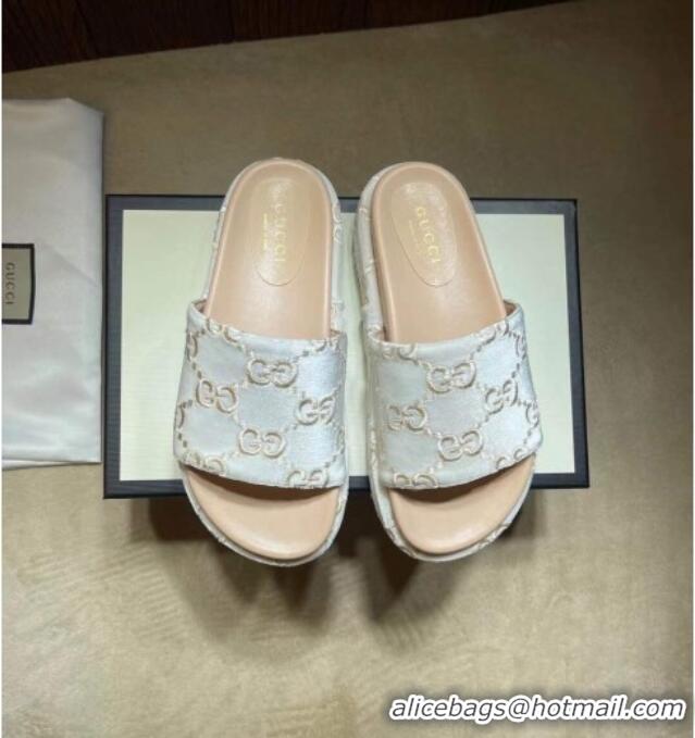 Good Quality Gucci Velvet GG Platform Slide Sandal 573018 Silver/Nude 2021