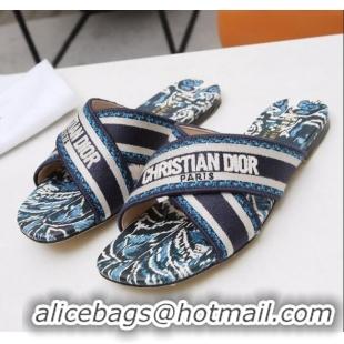 New Cheap Dior Cross Strap Flat Slide Sandal in Cotton Embroidery CD3001 Blue 2021