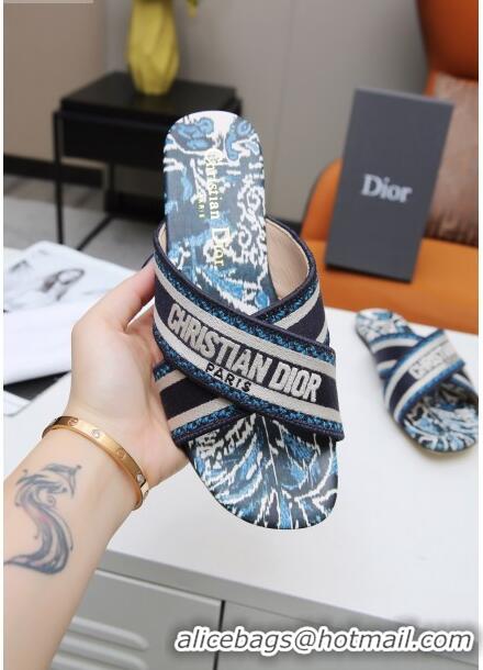 New Cheap Dior Cross Strap Flat Slide Sandal in Cotton Embroidery CD3001 Blue 2021