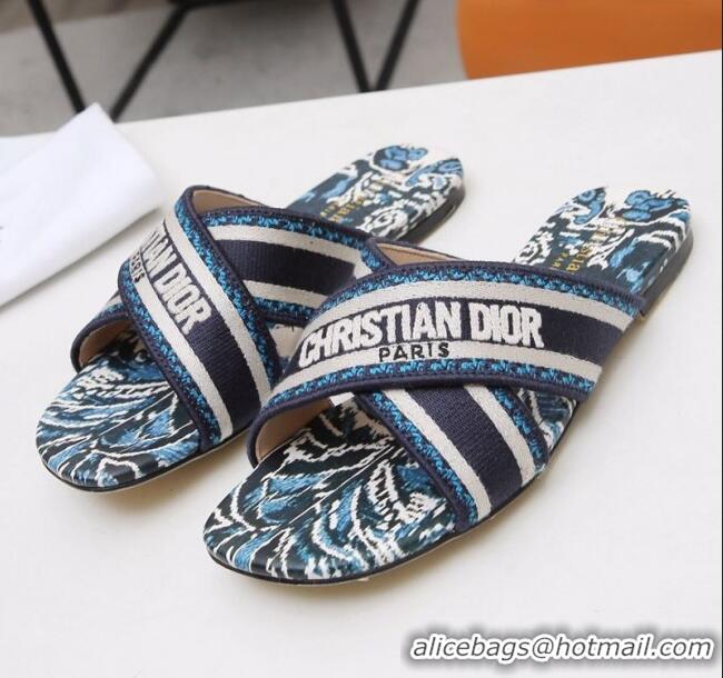 New Cheap Dior Cross Strap Flat Slide Sandal in Cotton Embroidery CD3001 Blue 2021